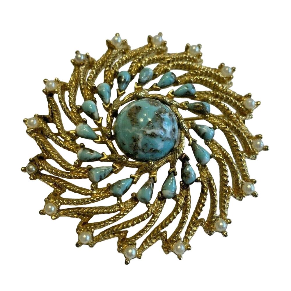 Vintage Sarah Coventry Brooch Mod Mid Century Faux Turquoise & Pearl Swirl Pin